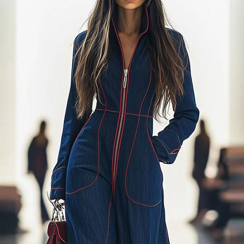 V-Neck Long Sleeve Cargo Jumpsuit Zipper Waist — Black | KIMLUD