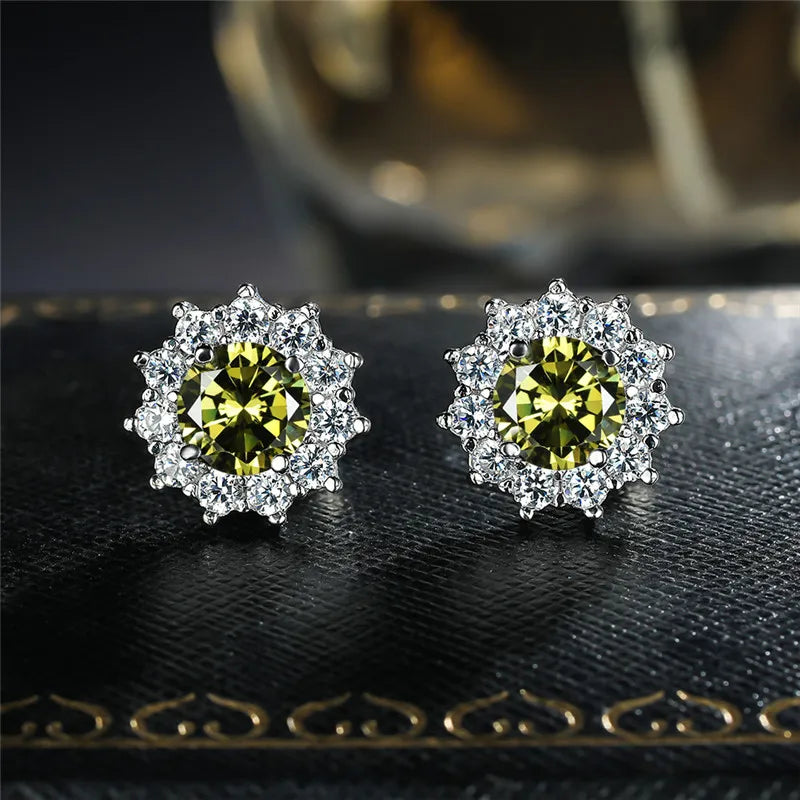 Copper Stud Earrings Round Cubic Zirconia — Water Blue | KIMLUD