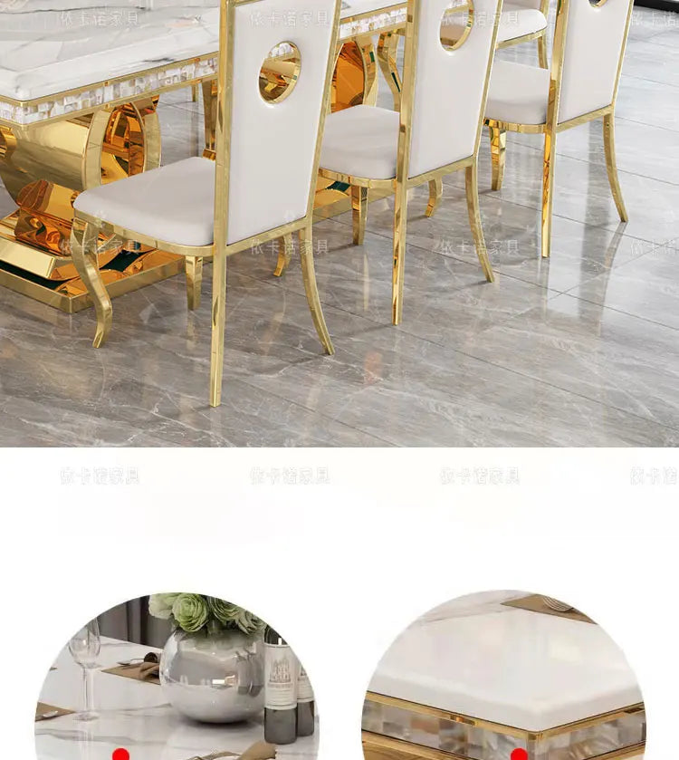 Marble Dining Table Set With Gold-Tone Frame — White | KIMLUD