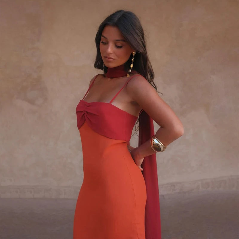 Color Blocking Sling Dress Scarf Collar — Orange Burgundy | KIMLUD