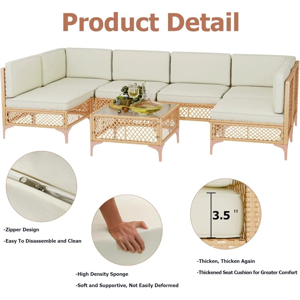 Outdoor Patio Furniture Set, Wicker Outdoor Sectional Set, Boho Patio Conversation Sectional Sofa with Large Tempered Glass Cof