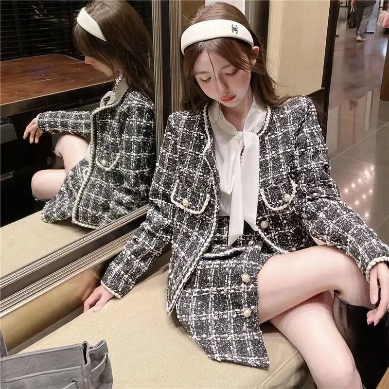 KIMLUD, Formal Chic Houndstooth Plaid Set Skirt Women Spring Autumn New Fashion Loose Single-Breasted Plaid Jacket+Skirt Two-Piece Suit, KIMLUD Womens Clothes