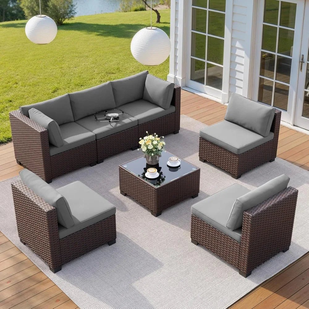 7 Pieces Outdoor Patio Furniture Set, PE Rattan Outdoor Wicker Sectional Furniture Sofa Set, with Cushions