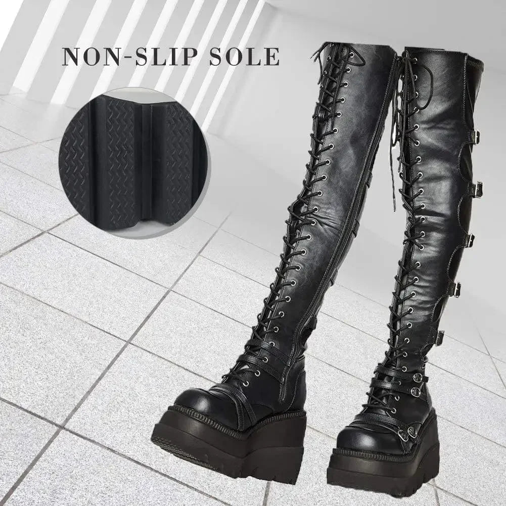 Over-the-Knee Boots – Gothic Wedge Platform – PU | KIMLUD