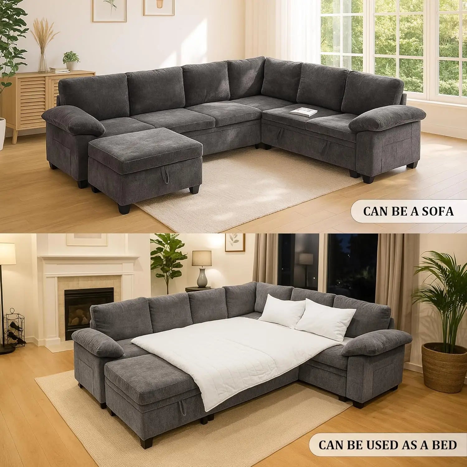 108 Inch Sectional Sleeper L Shaped Sofa with Pull Out Bed, 7 Seat Modular Sectional Sofa with Storage, Modern Chenille Cloud Co