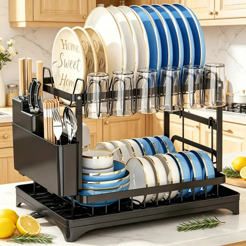 Dish Drying Rack – 2-Tier With Drip Tray – Carbon Steel | KIMLUD