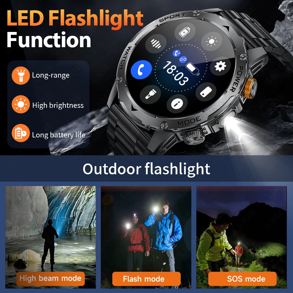 LIGE Military Smart Watch Men 1000mAh Battery Outdoors LED Flashlight Waterproof Heart Rate Sport BT Call 1.7" AMOLED Smartwatch