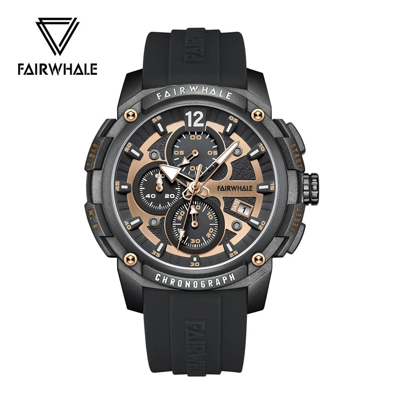 Waterproof Chronograph Watch Silicone Strap Multifunction — Black | KIMLUD