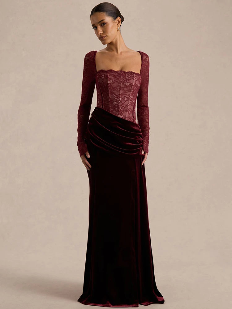 Lace Velvet Maxi Dress Square-Neck See-Through Backless — Black | KIMLUD