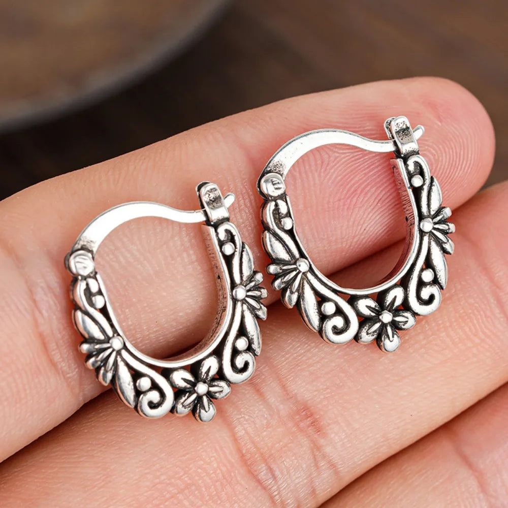 Retro Ethnic Style Ancient Silver Flower Texture Stainless Steel U-shaped Hoop Earrings for Women Boho Jewelry Accessories Gifts