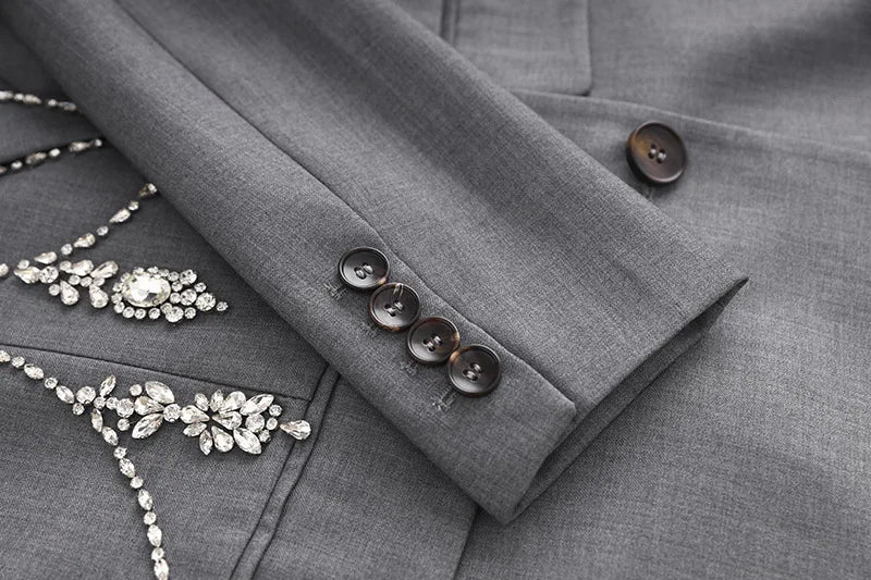 Gray Blazer Handmade Crystal Inlaid Diamond Long Blazer Dress Jacket Double Breasted Button Blazer Suit Outfit Women - KIMLUD