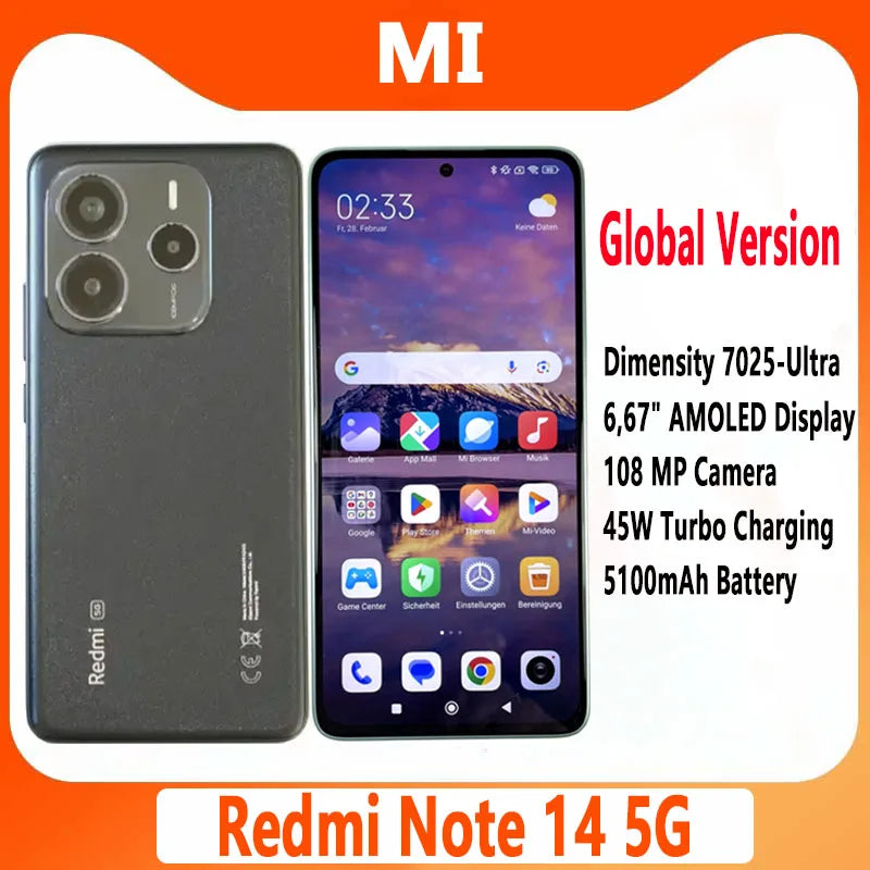 Global version Xiaomi Redmi Note 14 5G Smartphone 108MP AI camera NFC Dimensity 7025-Ultra 6.67" 120Hz AMOLED display IP64