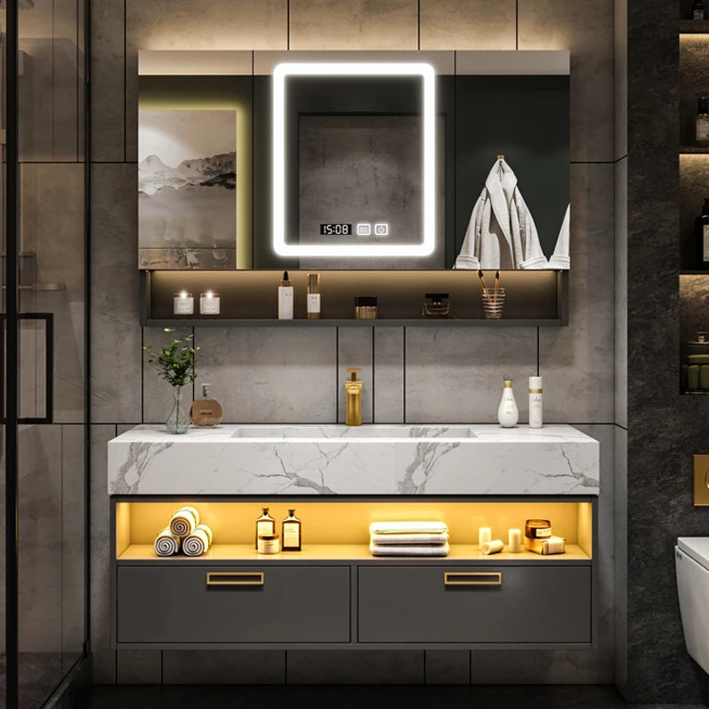 Solid Wood Vanity Cabinet With Sink and Mirror — Gray | KIMLUD