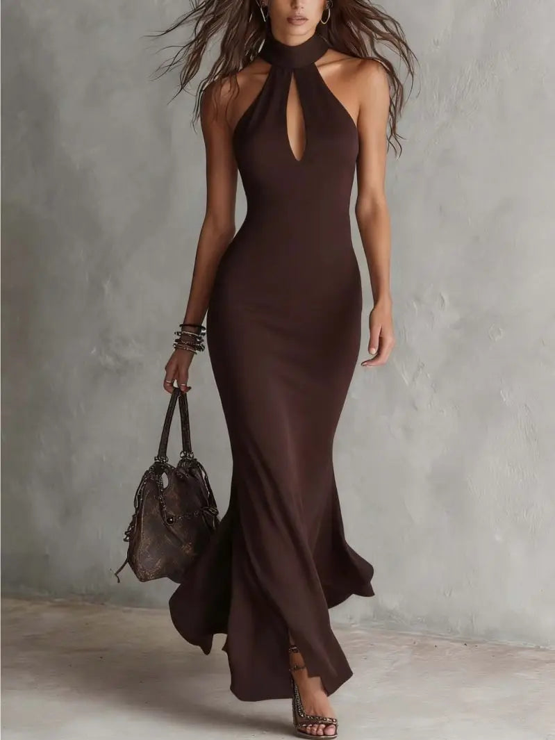 Long Skirt – Sleeveless High Neck Slit – Polyester | KIMLUD