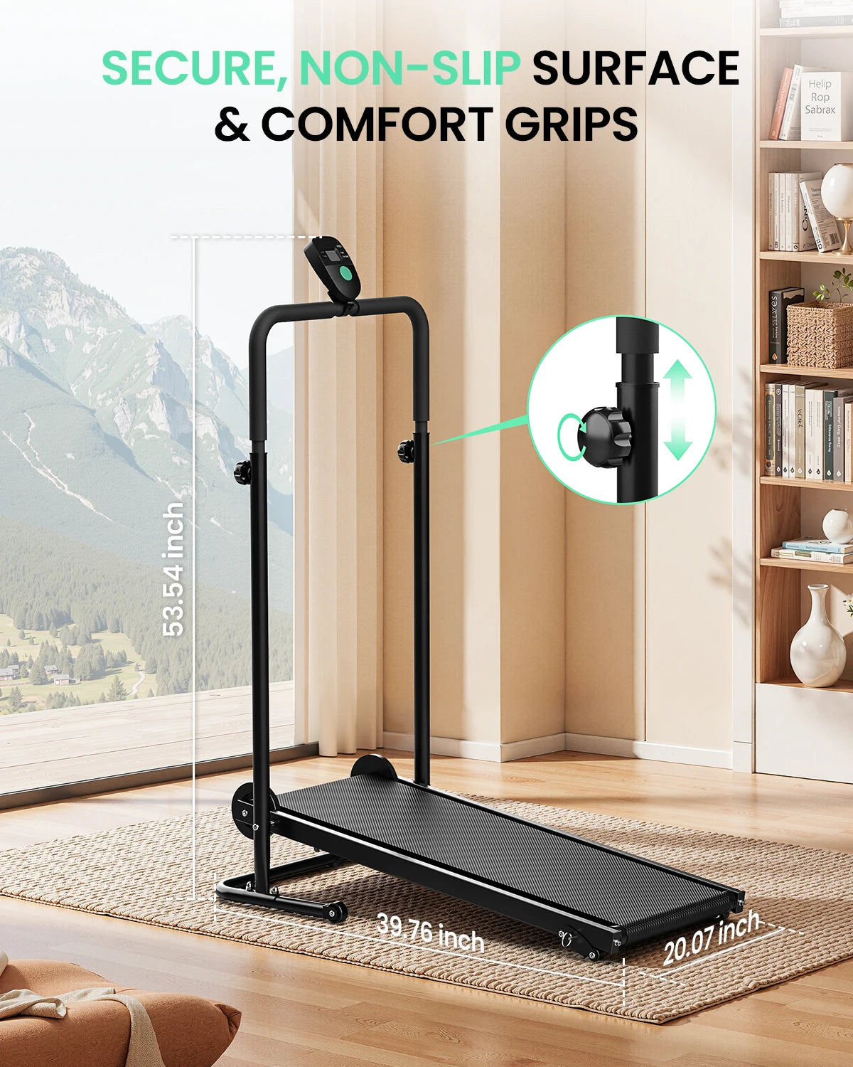 Motorless Treadmill Dual Flywheels LCD Monitor Non Slip Belt Fixed Incline — Black | KIMLUD