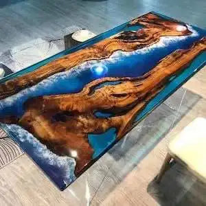 Walnut Wood Dining Table Top Amber Resin River — Walnut | KIMLUD