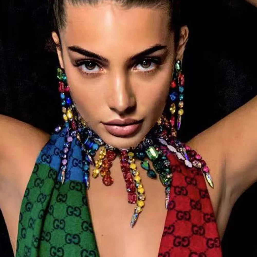 Colorful Large Crystal Necklaces Rhinestone Tassel — Multicolor | KIMLUD