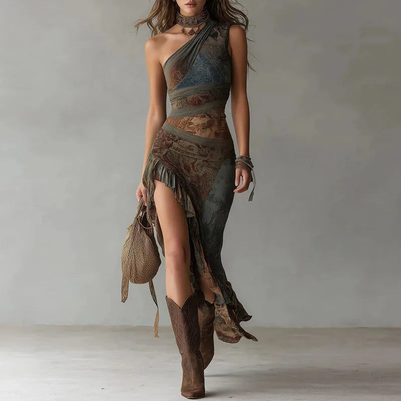 Woman wearing a one-shoulder dress with a high slit and brown boots, holding a woven bag against a neutral background.