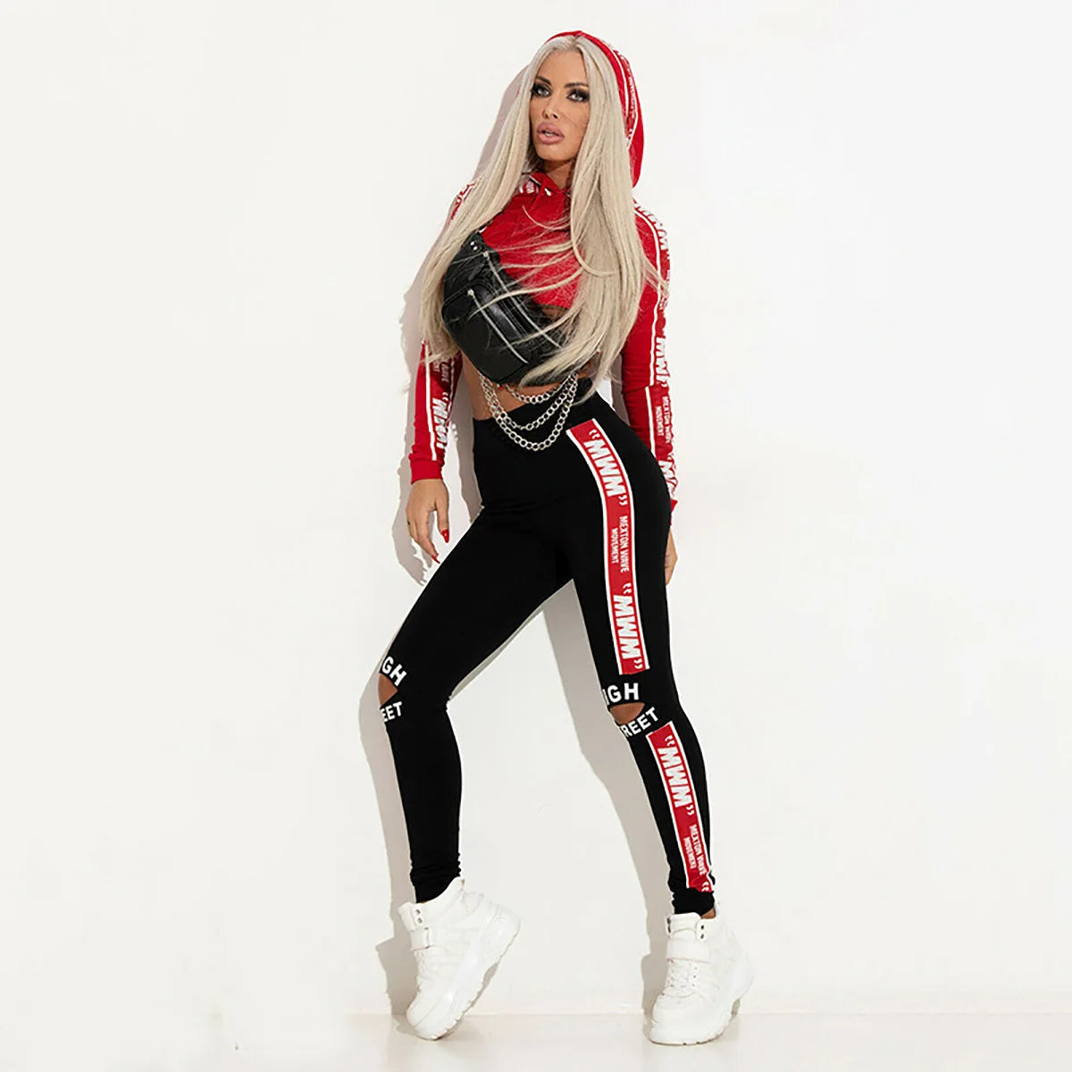 Two-Piece Set Hoodie Crop Letter Print — Black | KIMLUD