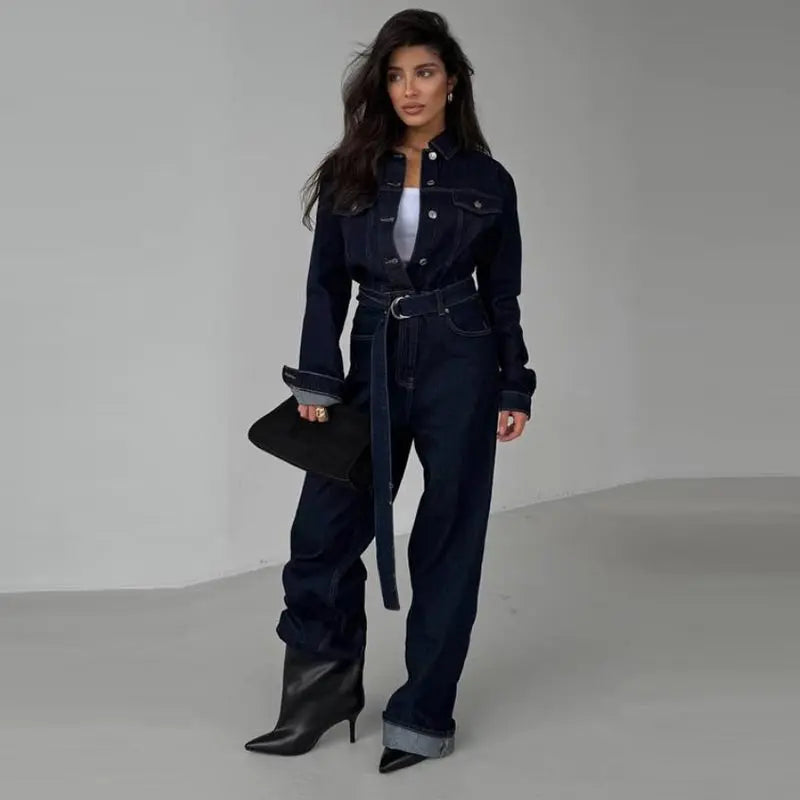 Denim-Inspired Jumpsuit Turn-Down Collar Lace-Up Full Sleeve Wide-Leg — Brown | KIMLUD