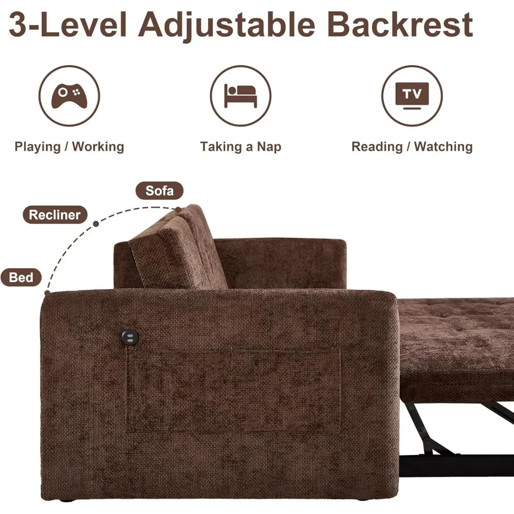 Fabric Upholstery Convertible Sofa Bed With Pull-Out Sleeper, Cup Holders And USB Ports — Brown | KIMLUD