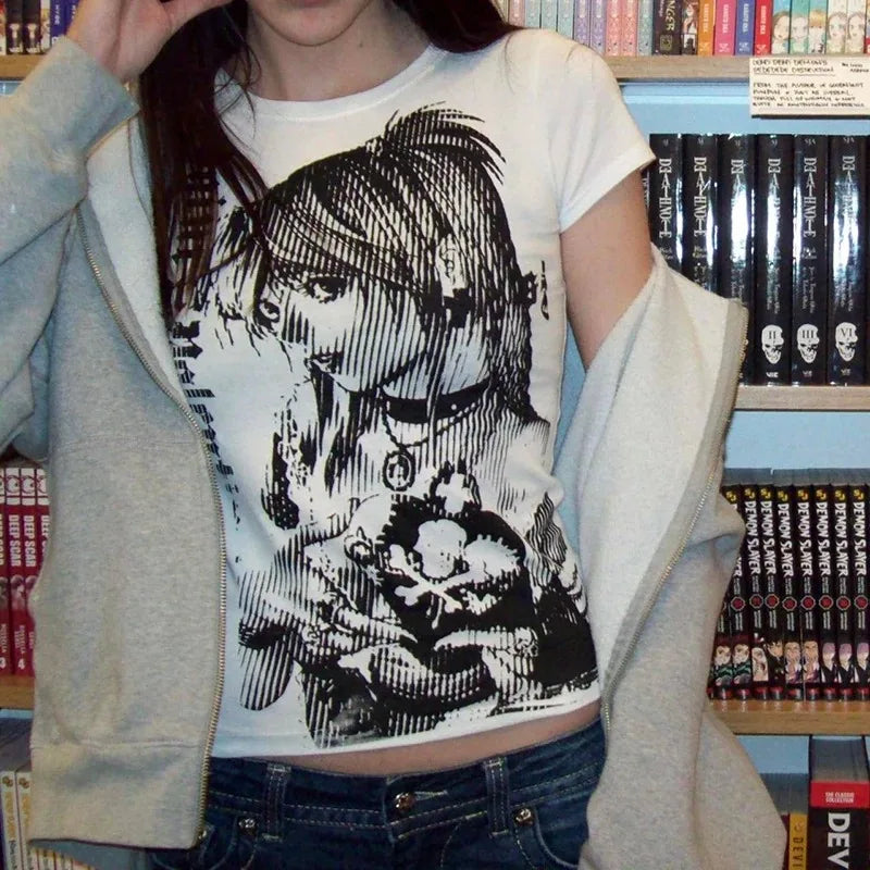 Y2K Fashion T shirt fairy grunge Summer E-girl White Black Crop Top Slim 2000s Harajuku Goth Locomotive wind Short Sleeve