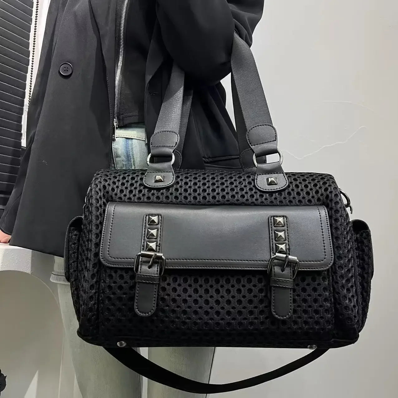 PU Leather Y2K Punk Wide Shoulder Bag — Black | KIMLUD