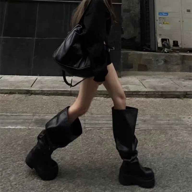 Women Platform Knee High Boots Fashion Pleated Round Toe Square Heel Leather Boots Black Party Dress Women Shoes Large Size35-40