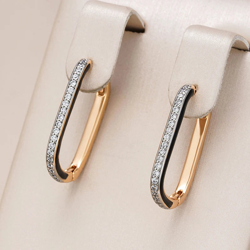 Wbmqda Elegant Fashion Black Enamel Zircon Hoop Earrings For Women 585 Rose Gold Color Classic French Style Fine Jewelry Gifts