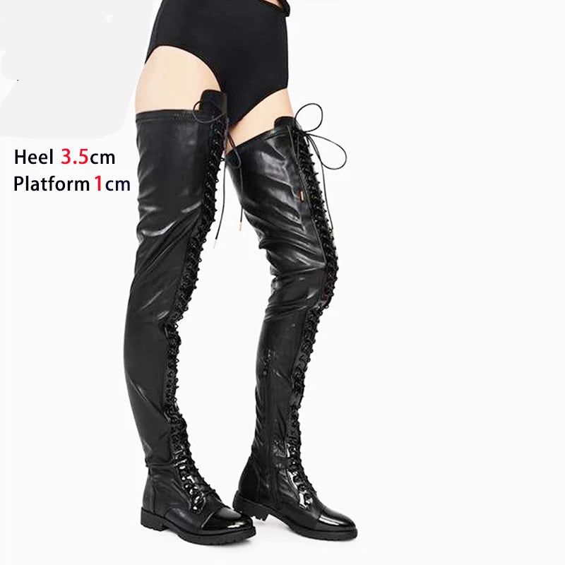 Low Heel Winter Boots Women 3.5CM Chunk Heels Nightclub Queen Lace-up Zipper Shoes Black Thigh High Boots Large Size 43 44 45