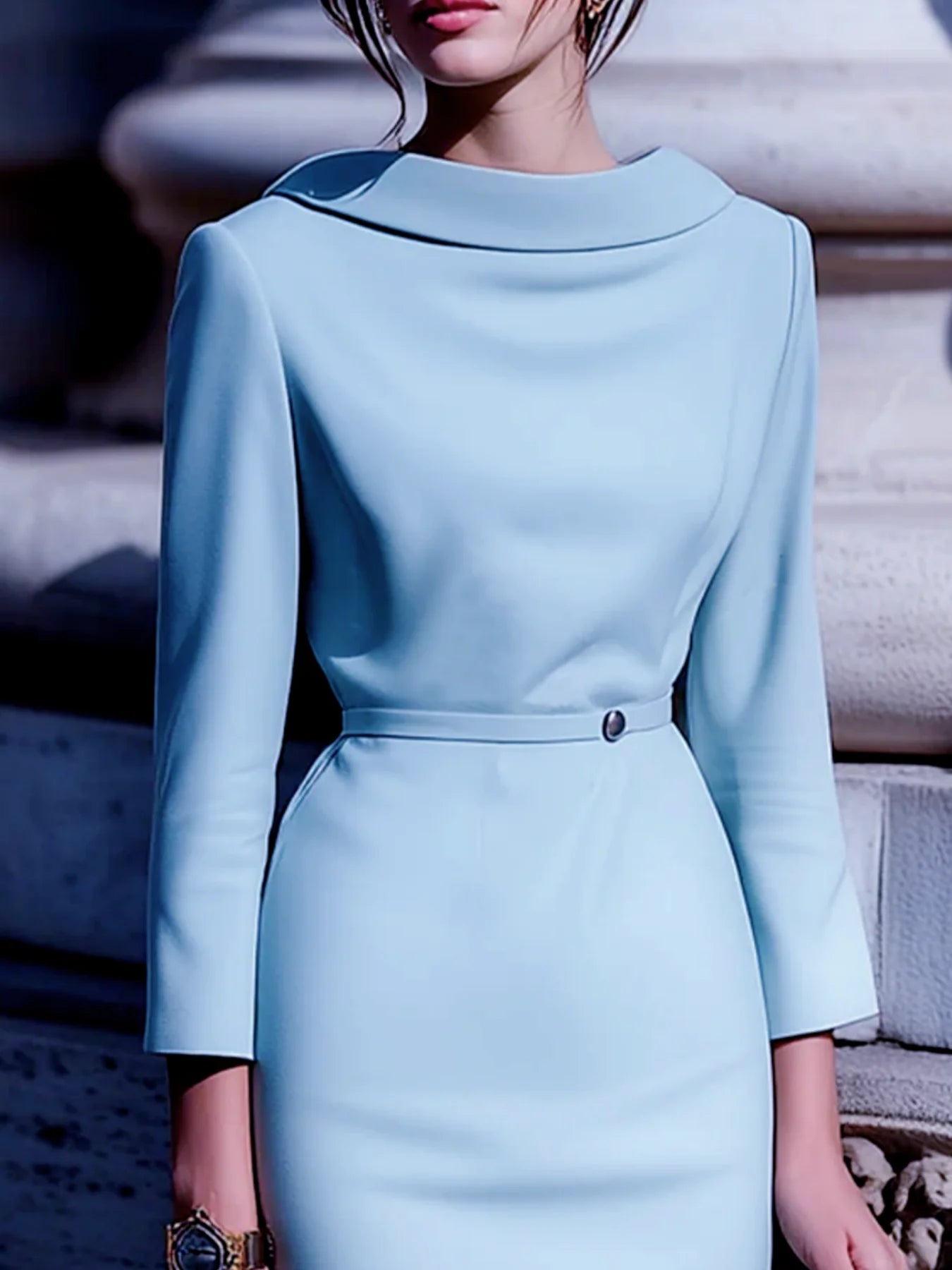 Belted Midi Dress With Turn-Down Collar Mid-Sleeve — Soft Sky Blue | KIMLUD