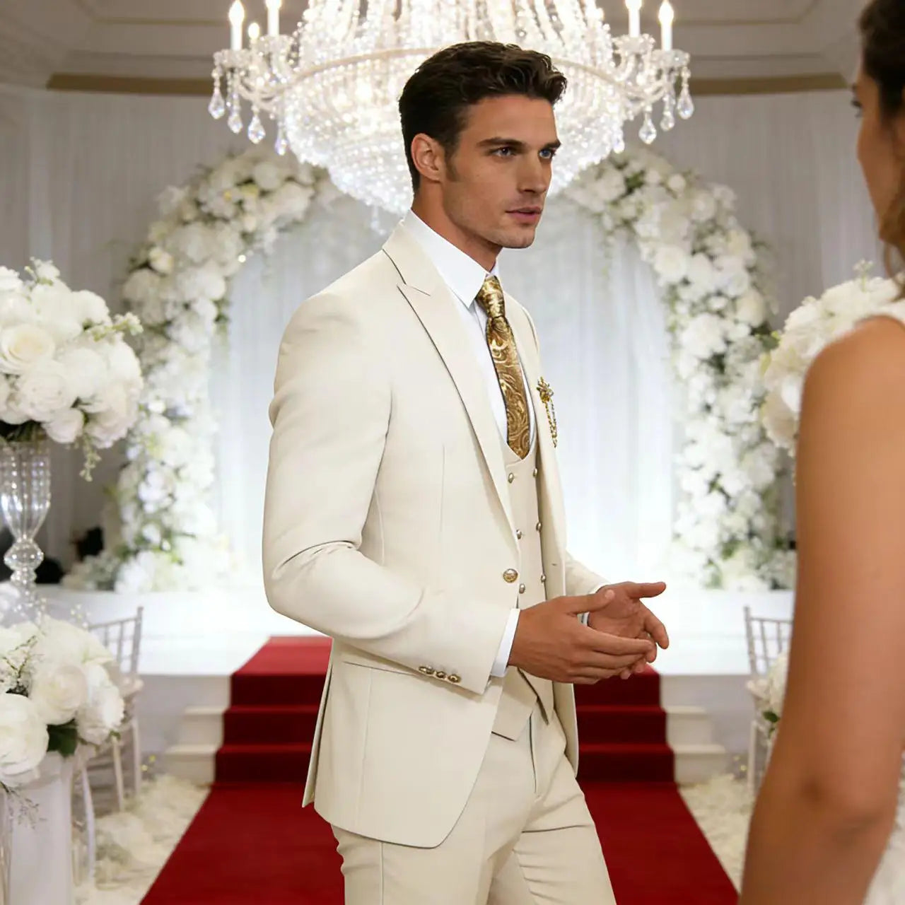 Men's 3-Piece Suit Set Classic One Gold Button Slim Fit Blazer Vest Pants Formal Business Wedding Wear