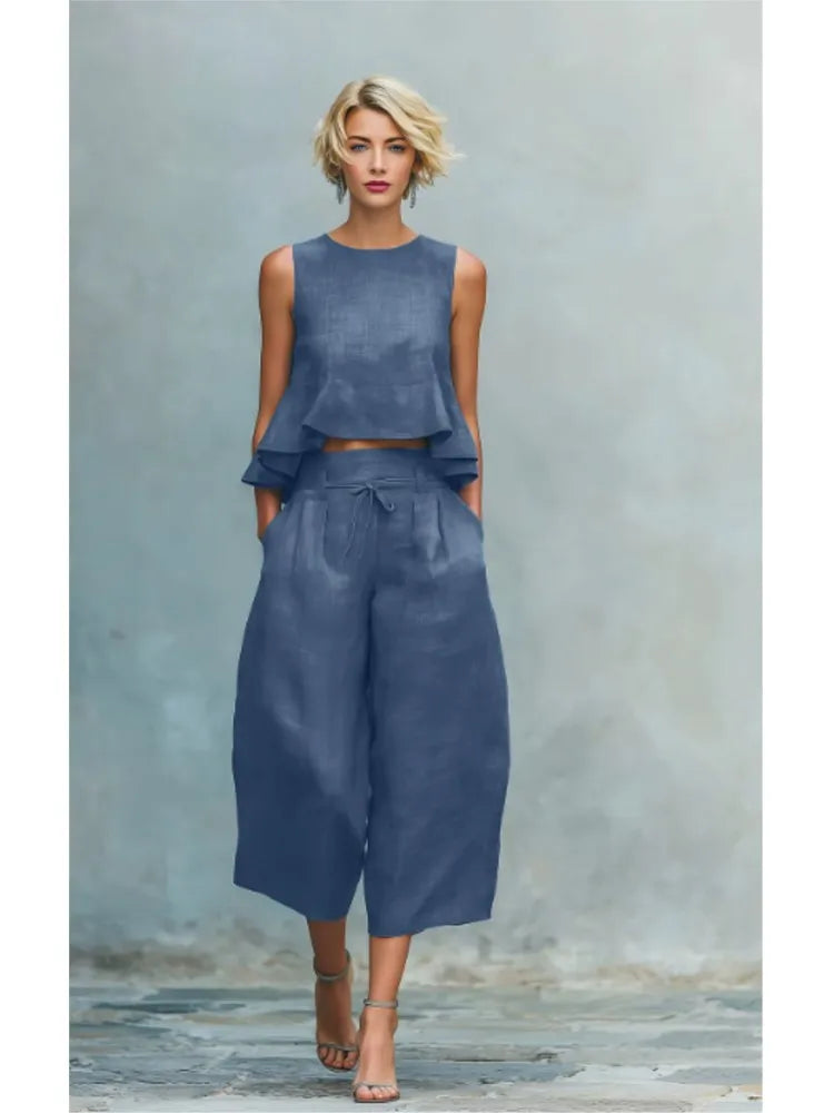 Linen Ruffled Vest Top Two-Piece Set — Ivory | KIMLUD