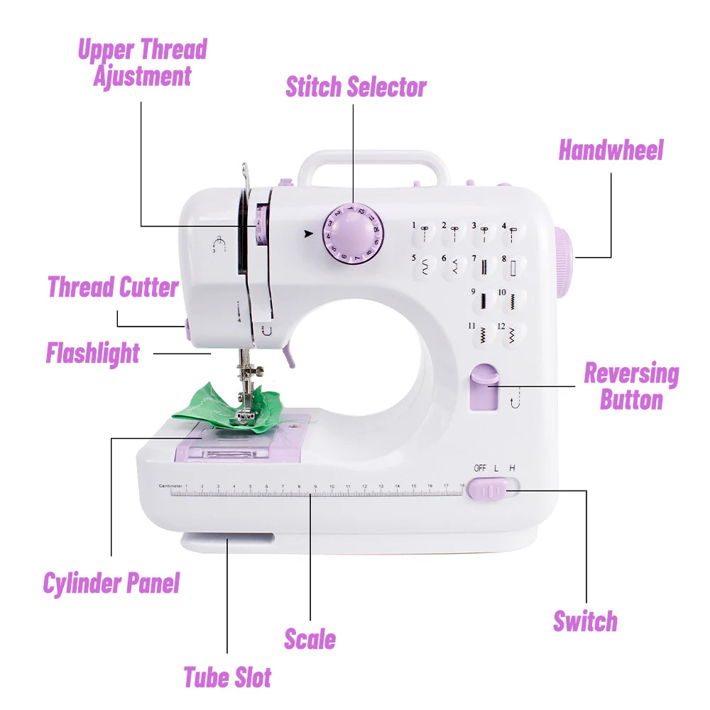 Portable Mini Electric Sewing Machine for Beginners 12 Stitches Foot Pedal Night Light Speed Control for DIY Home Sewing Mending
