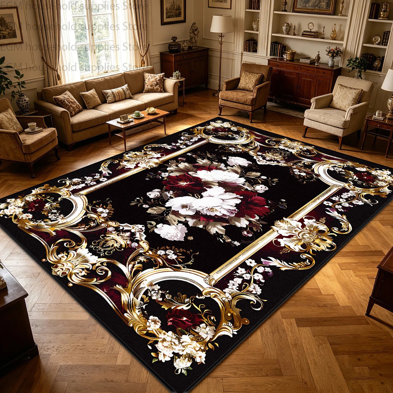 Kilim Polyester Floral Area Rug — Red Gold | KIMLUD