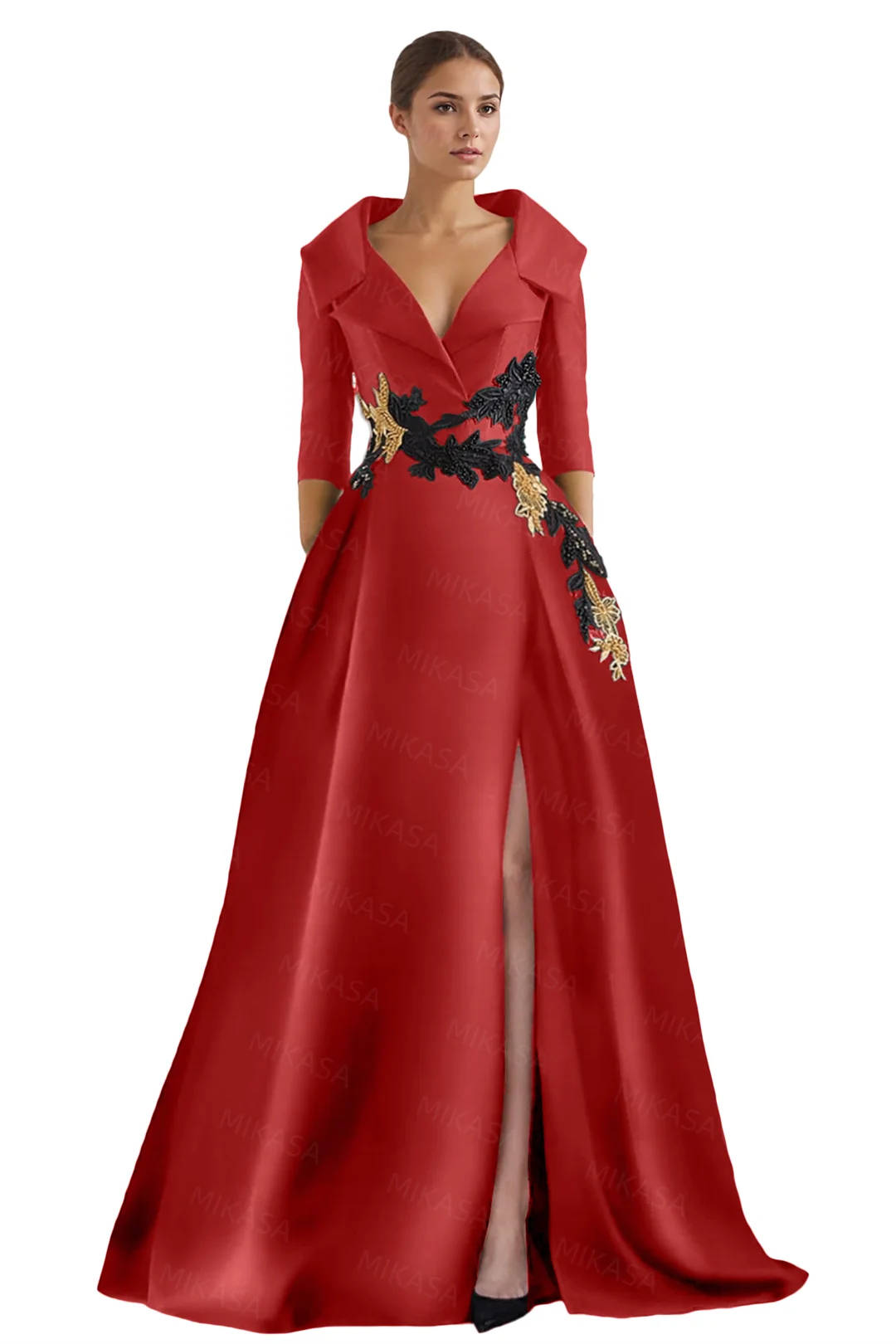 KIMLUD, Classic Satin Evening Dresses For Women Wedding Party Guest V-neck Three Quarter A-line Side Slit Elegant Prom vestidos de gala, KIMLUD Womens Clothes