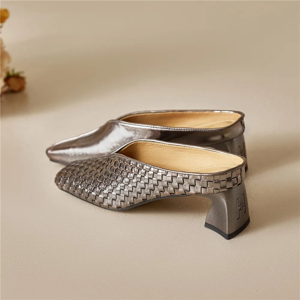 Metallic Cow Leather Slip-On Heels — Gold | KIMLUD