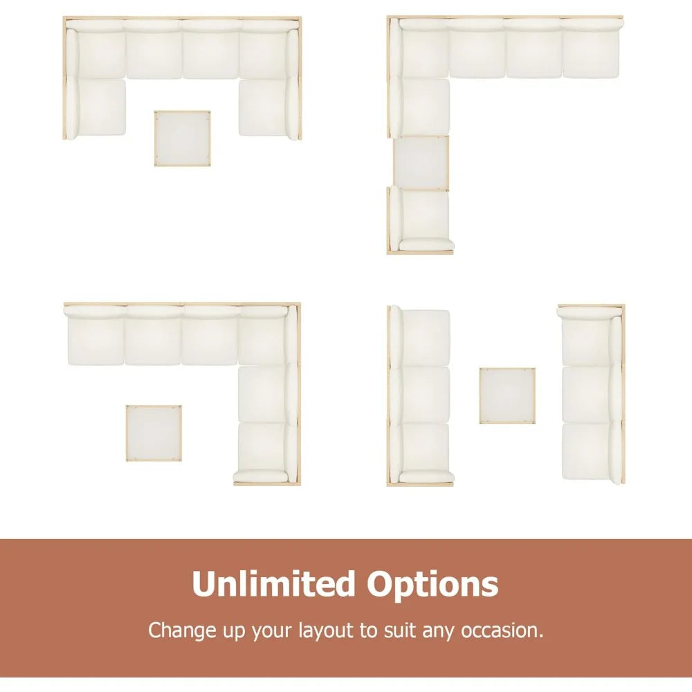 Outdoor Patio Furniture Set, Wicker Outdoor Sectional Set, Boho Patio Conversation Sectional Sofa with Large Tempered Glass Cof