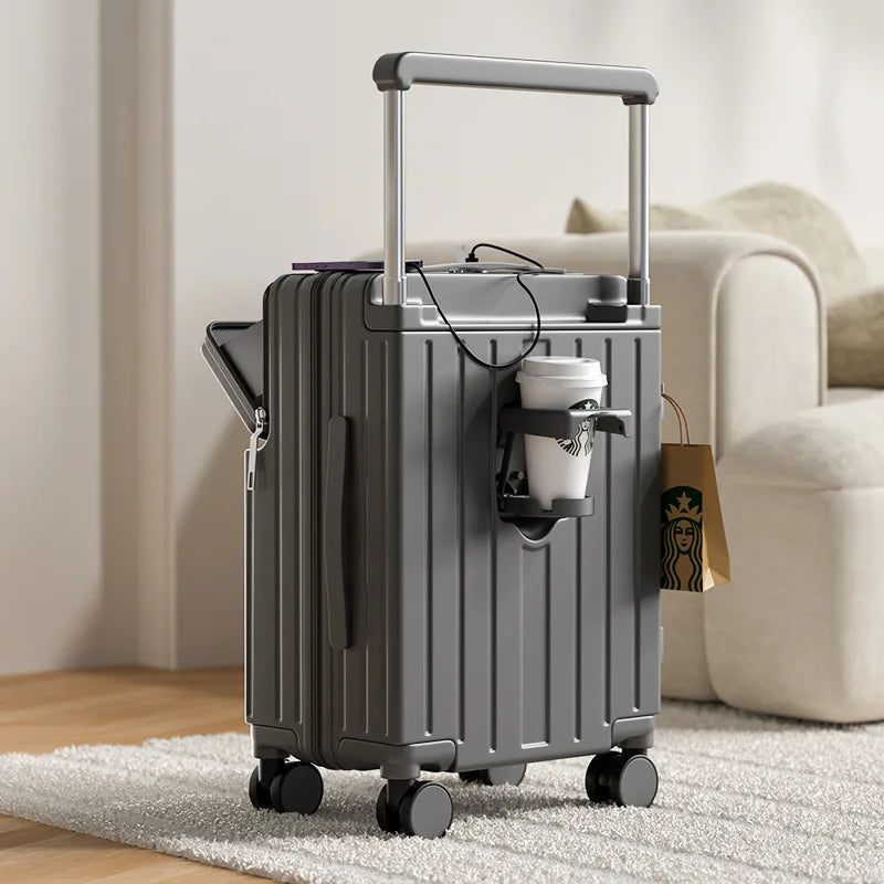 Wide tie rod suitcase Men's and women's multi-functional front opening boarding case New water cup holder Password travel case