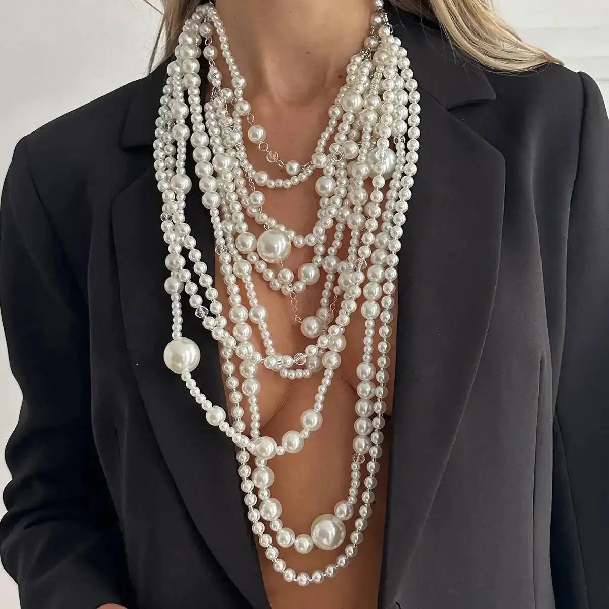 Exaggerated Layered Necklace Imitation Pearl Long Tassel — White | KIMLUD