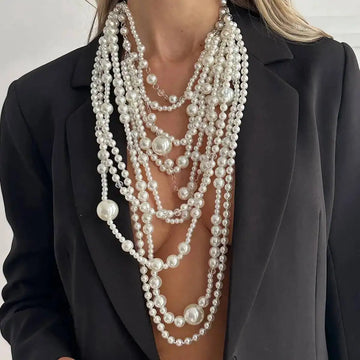 Layered Pearl Choker Necklace – Long Tassel Pendant – Pearl | KIMLUD