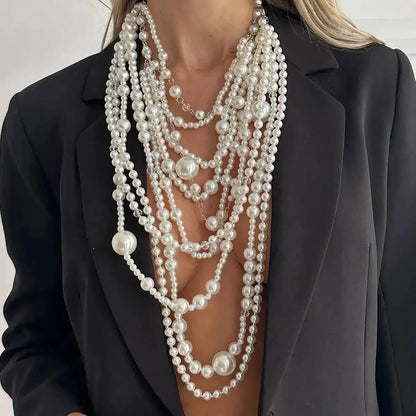 Layered Pearl Choker Necklace – Long Tassel Pendant – Pearl | KIMLUD