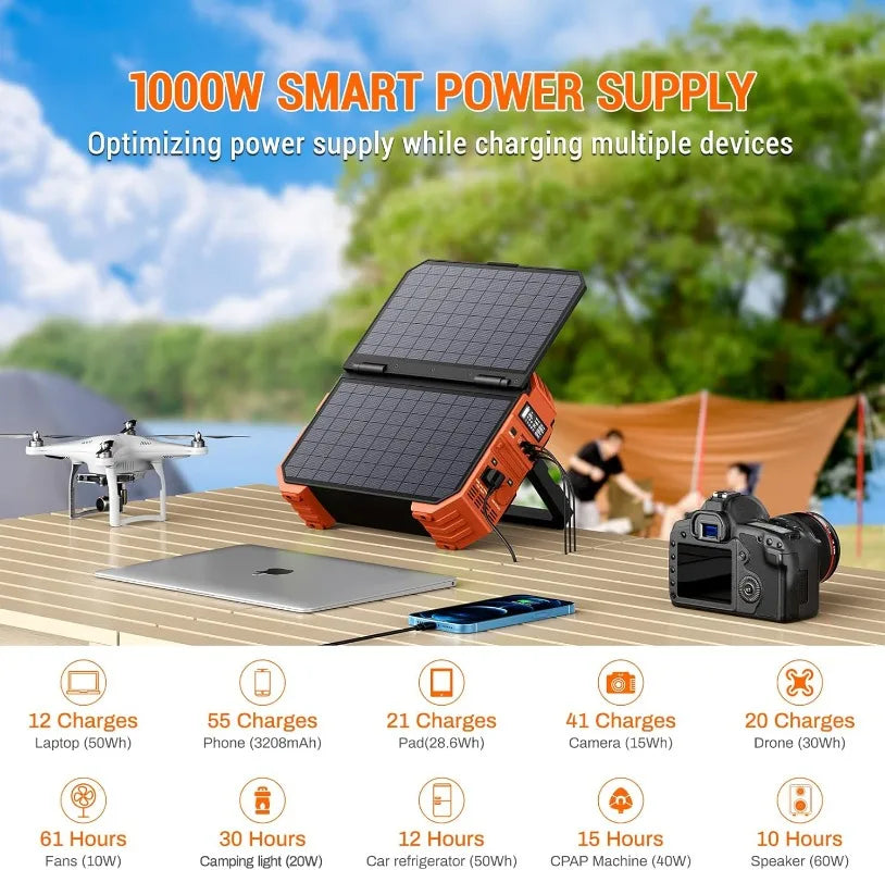 Portable Power Station 1000W with Built-in Solar Panel 614WH/192000mAh Battery Pack Solar Generator with AC/DC/USB/PD Output