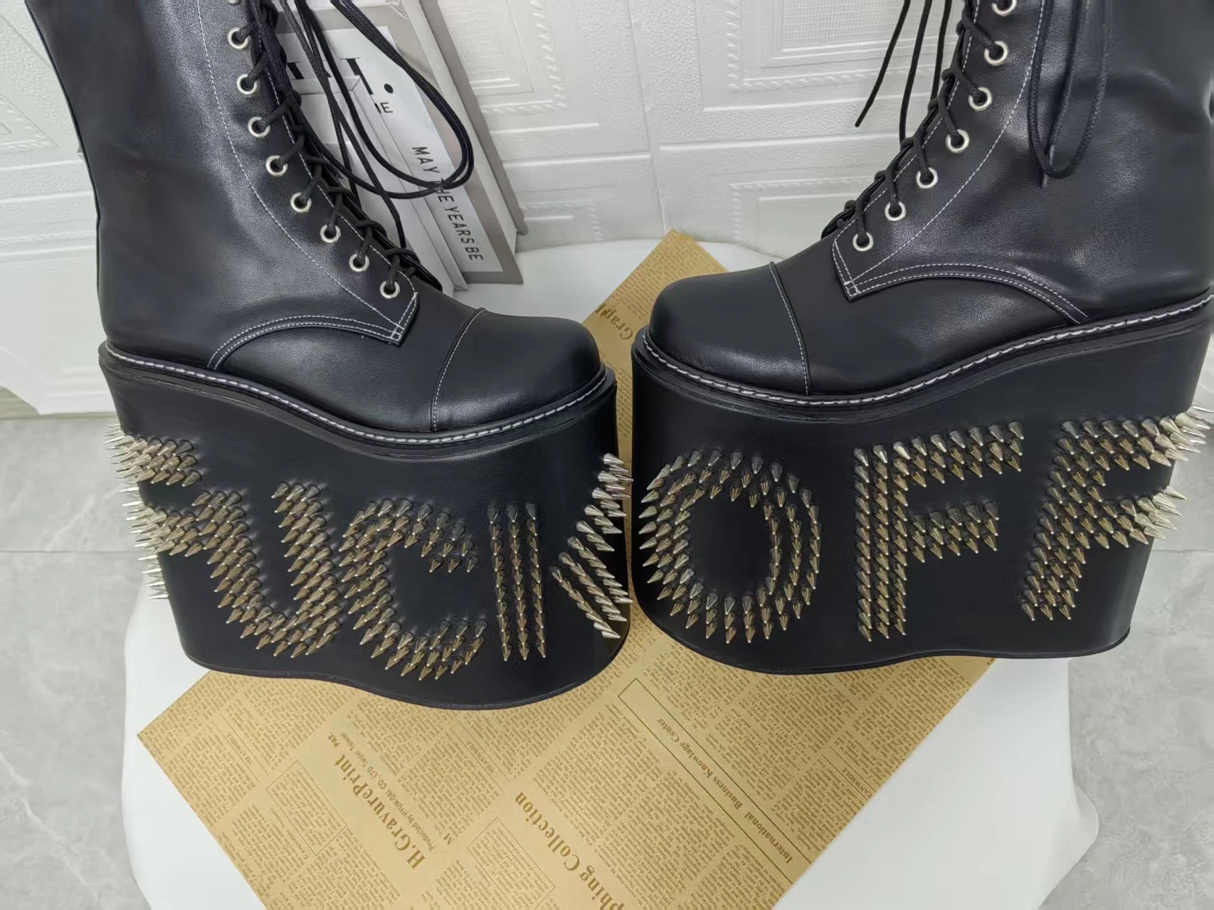 Women Motorcycle Boots women super high thick Heels pumps Cool Lady knight customized boots girl punk Gothic long boots rivets