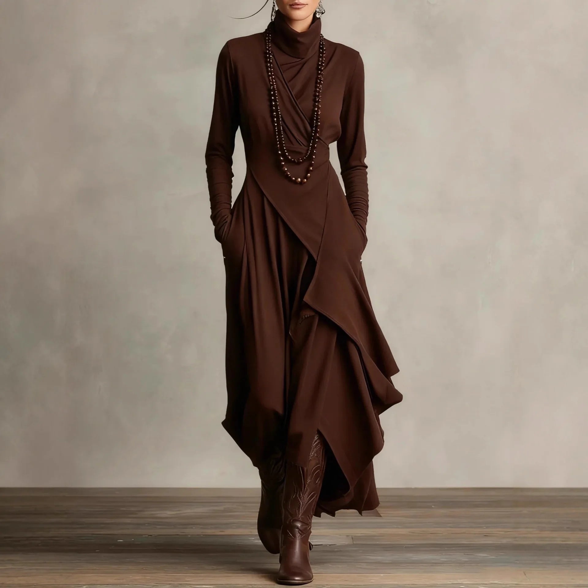 Dresses Cross Turtleneck A-Line Slim Fit — Solid Color | KIMLUD