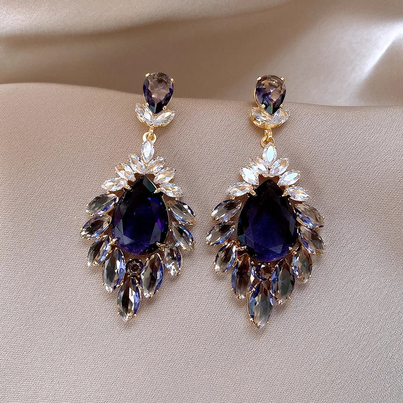 Crystal Water Drop Clip Earrings Round Rhinestones — Vintage Blue | KIMLUD
