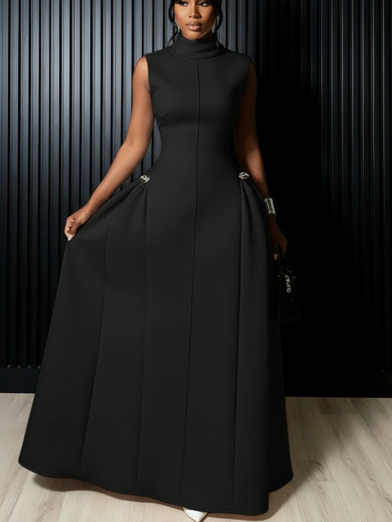 Women High Neck Sleeveless Fitted Floor Length Maxi Dress With Side Flared Detail For Formal Gala Wedding And Evening Party Occasion