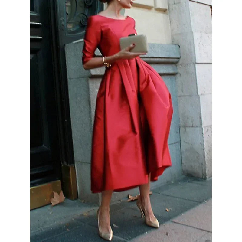 Women's Elegant Banquet Evening Midi Dresses 2025 New Spring Half Sleeves Pleated Solid Color Party A-Line Dress