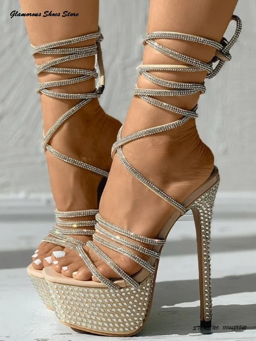 Sparkling Rhinestone Platform Sandals Summer Round Open Toe Thin High Heels Fashion Strappy Stilettos Lace-up Women's Shoes
