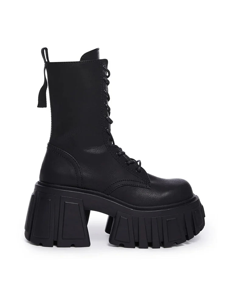 Women Punk Boots 8cm Platform Classic Versatile Design Shoes Leather Cool Boot Chunky High Quality Lace Up Casual Outdoor Shoes